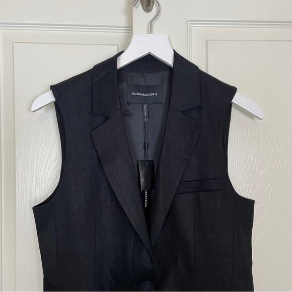 BCBGMaxAzria Black Herringbone Pattern Linen Blend Vest Lined NWT - Picture 2 of 9